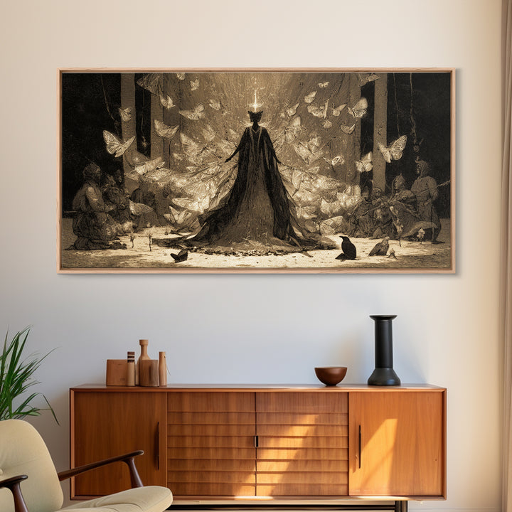 The Moth-Winged Empress, Expressionist Nightmare Art, Wide Panoramic Art, Dark Halloween Decor, Framed Canvas Print, Halloween Wall Art