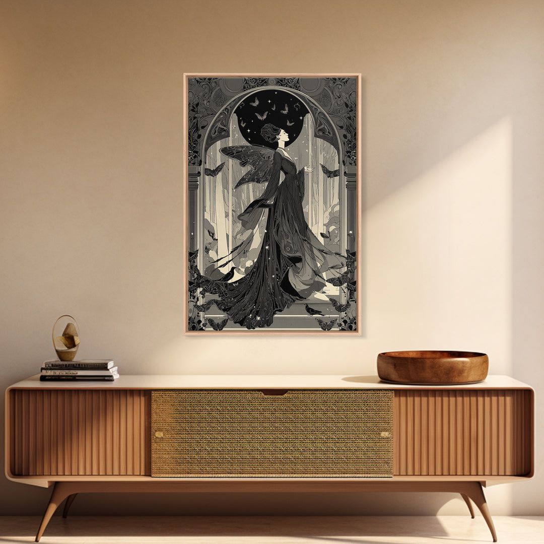 The Moth-Winged Empress, Decadent Line Art, Vertical Wall Art, Gothic Horror Wall Art, Framed Canvas Print, Halloween Wall Art