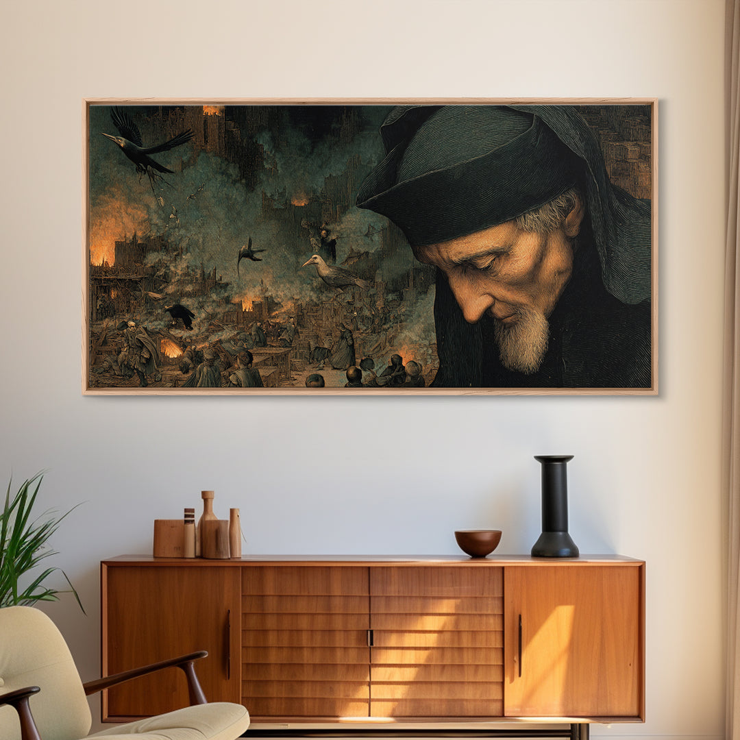 The Ash-Covered Oracle, Medieval Grotesque Art, Wide Panoramic Art, Gothic Horror Wall Art, Canvas Print, Halloween Wall Art