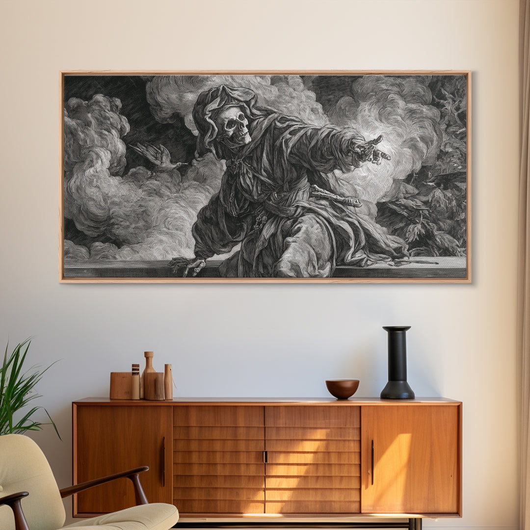 The Ash-Covered Oracle, Danse Macabre Art, Wide Panoramic Art, Dark Fantasy Wall Art, Canvas Print, Halloween Wall Art