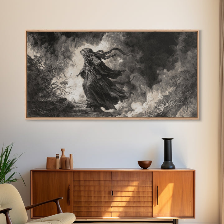 The Ash-Covered Oracle, Baroque Witchcraft Art, Wide Panoramic Art, Gothic Horror Wall Art, Framed Canvas Print, Halloween Wall Art