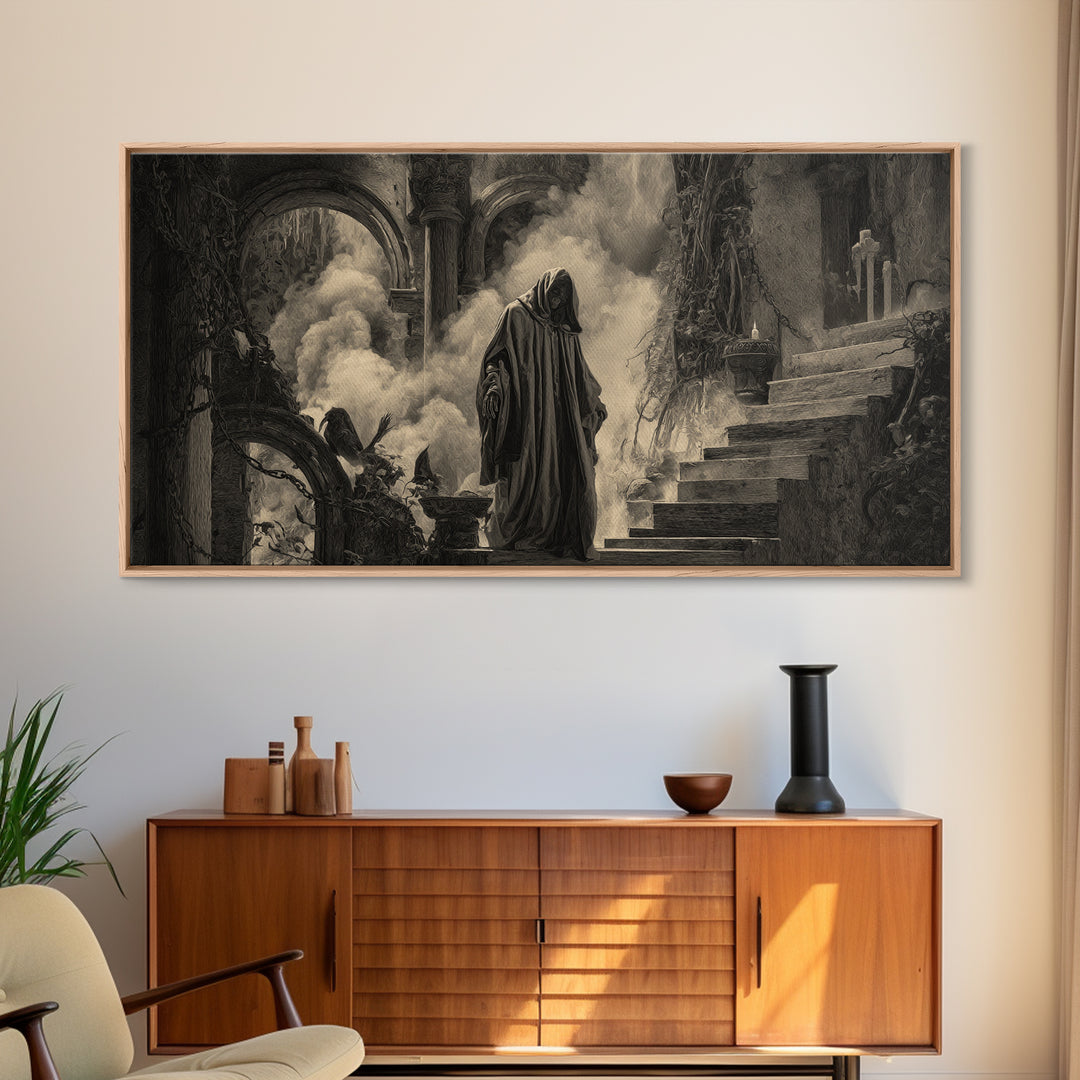The Ash-Covered Oracle, Architectural Etching Art, Wide Panoramic Art, Dark Fantasy Wall Art, Framed Canvas Print