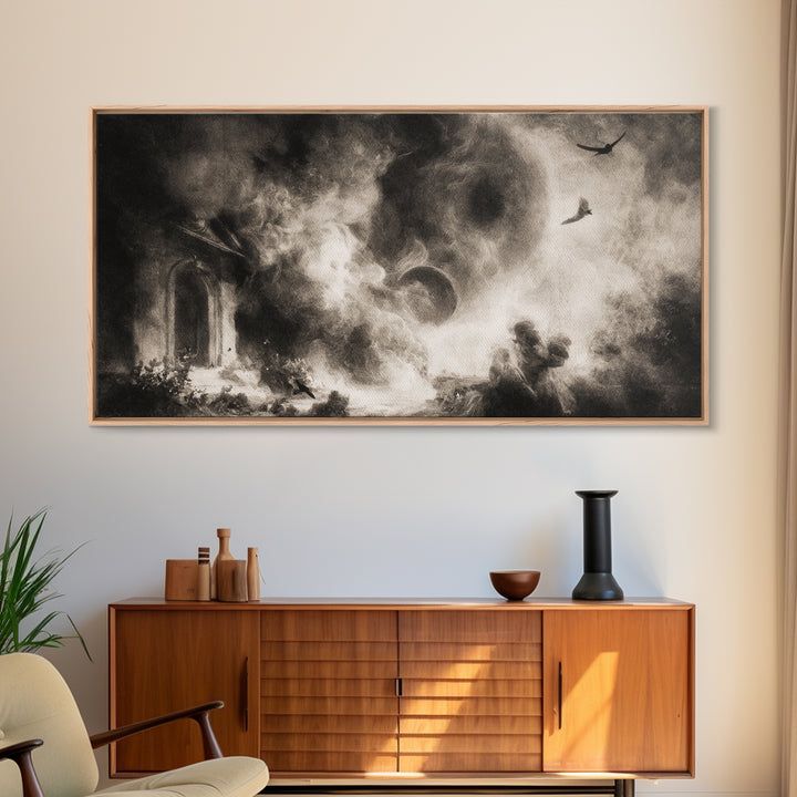 The Ash-Covered Oracle, Symbolist Dream Art, Wide Panoramic Art, Dark Halloween Decor, Framed Canvas Print, Halloween Wall Art
