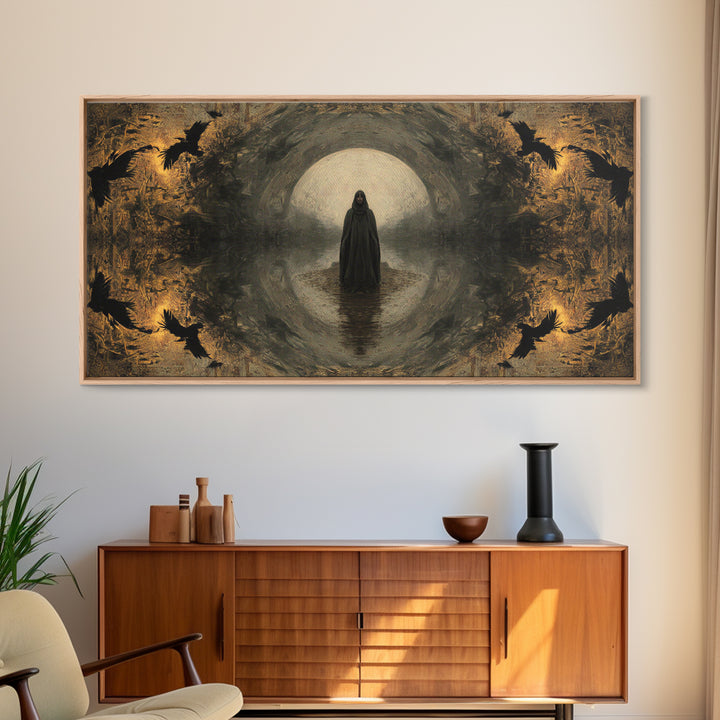 The Ash-Covered Oracle, Symbolist Gothic Landscape, Wide Panoramic Art, Dark Fantasy Wall Art, Canvas Print, Halloween Wall Art