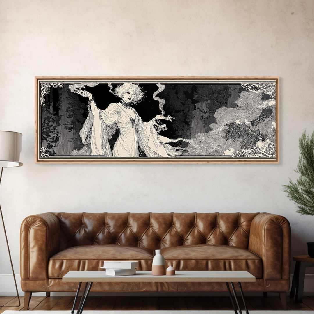 The Ash-Covered Oracle, Decadent Line Art, Extra Wide Wall Art, Gothic Horror Wall Art, Framed Canvas Print, Halloween Wall Art