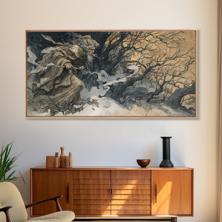 The Ash-Covered Oracle, Gothic Storybook Art, Wide Panoramic Art, Gothic Horror Wall Art, Framed Canvas Print, Halloween Wall Art
