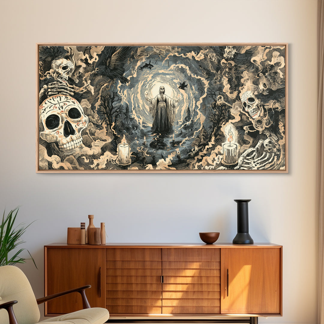 The Ash-Covered Oracle, Macabre Folk Print Art, Wide Panoramic Art, Gothic Horror Wall Art, Canvas Print, Halloween Wall Art