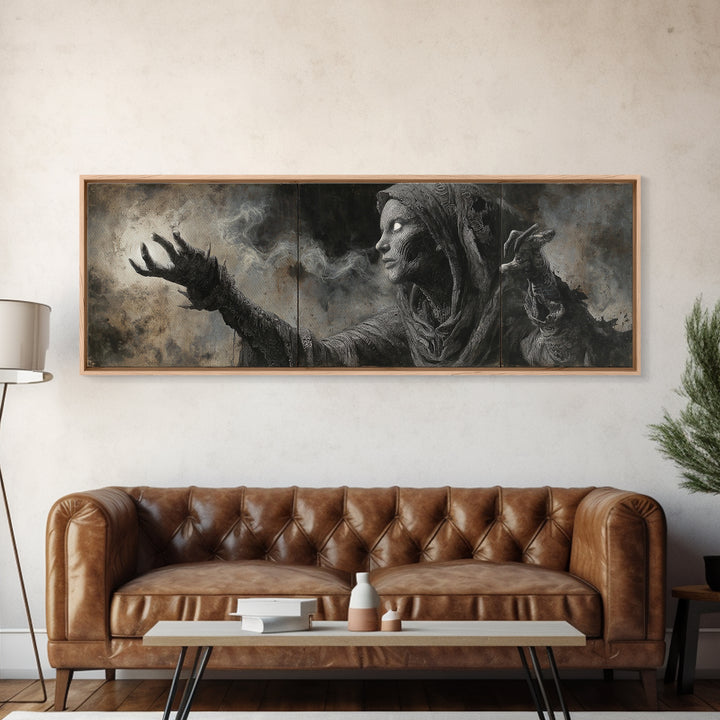 The Ash-Covered Oracle, Biomechanical Horror Art, Extra Wide Wall Art, Macabre Wall Art, Framed Canvas Print, Halloween Wall Art