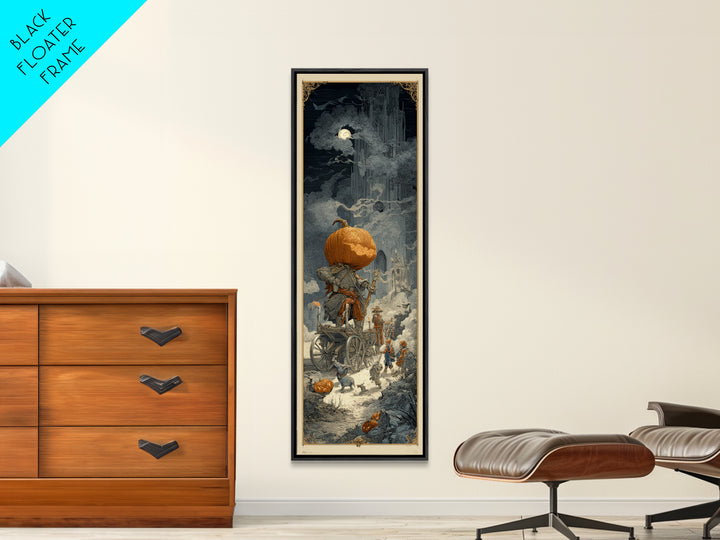 The Pumpkin-Headed Tea Merchant, Gothic Engraving Art, Tall Narrow Wall Art, Dark Fantasy Wall Art, Framed Canvas Print