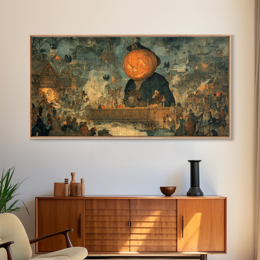 The Pumpkin-Headed Tea Merchant, Northern Renaissance Horror, Wide Panoramic Art, Gothic Horror Wall Art, Canvas Print