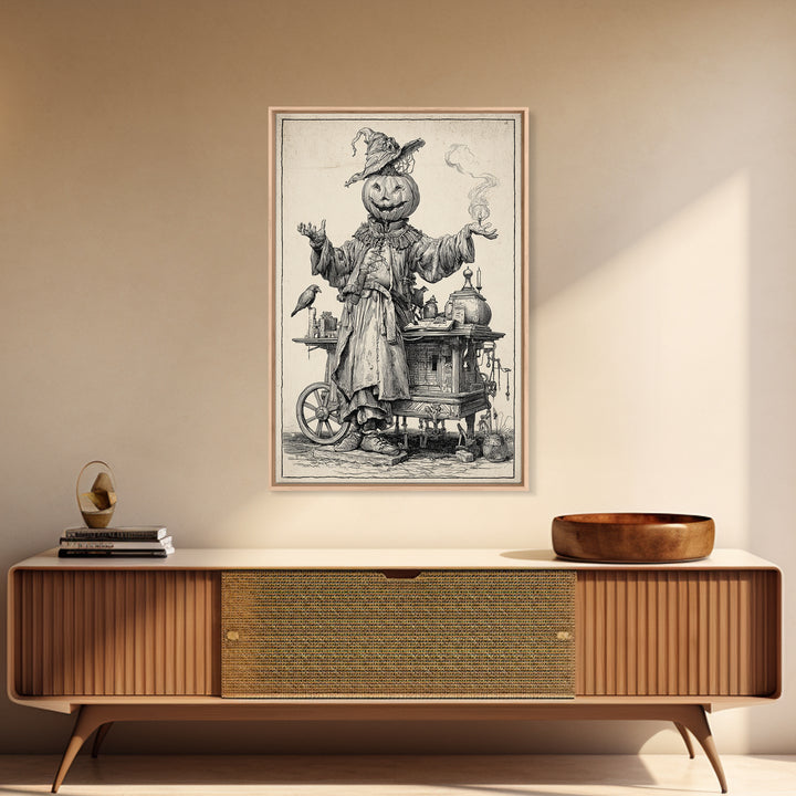 The Pumpkin-Headed Tea Merchant, Renaissance Engraving Art, Vertical Wall Art, Macabre Wall Art, Canvas Print, Halloween Wall Art
