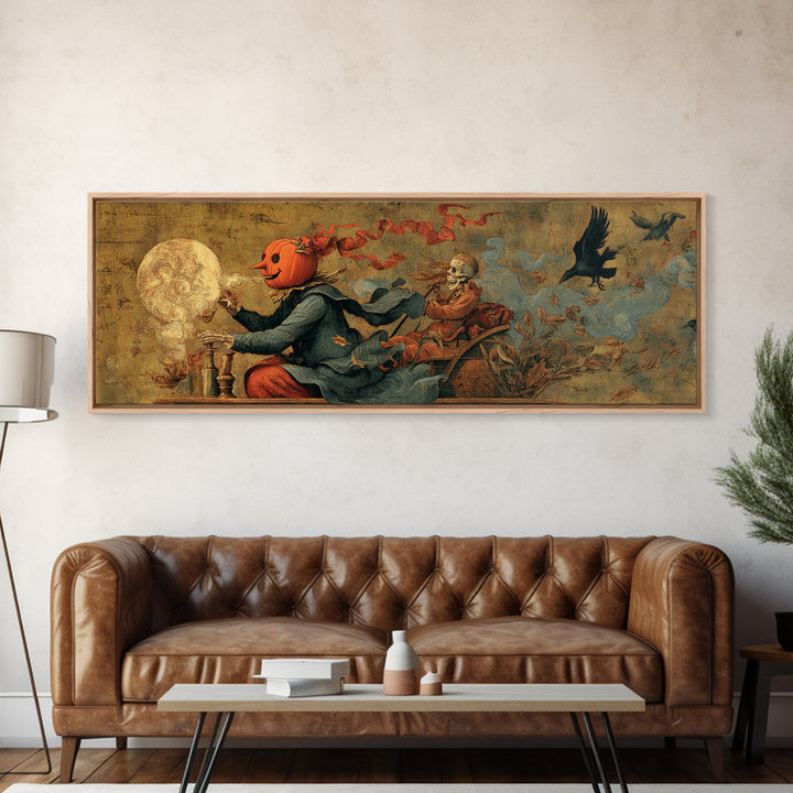 The Pumpkin-Headed Tea Merchant, Danse Macabre Art, Extra Wide Wall Art, Dark Fantasy Wall Art, Canvas Print