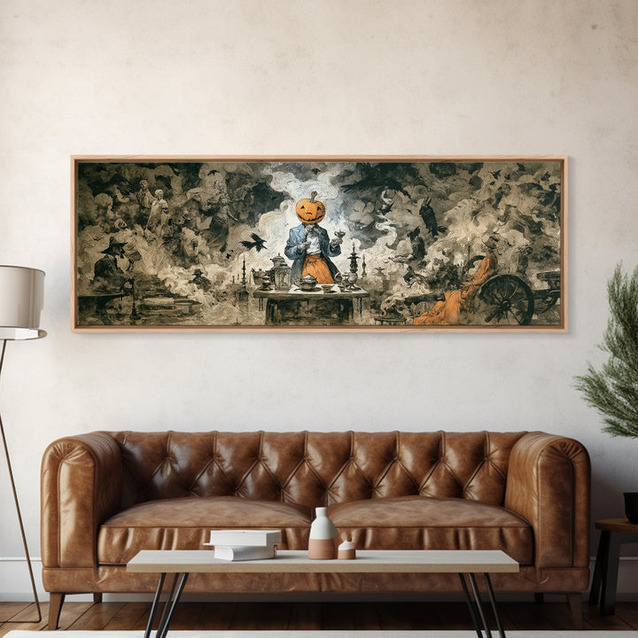 The Pumpkin-Headed Tea Merchant, Dark Romantic Horror Art, Extra Wide Wall Art, Gothic Horror Wall Art, Canvas Print, Halloween Wall Art