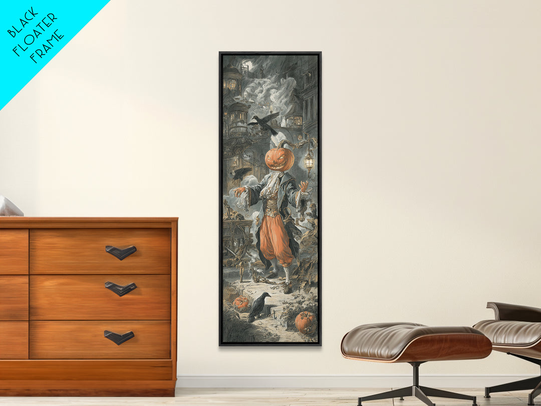 The Pumpkin-Headed Tea Merchant, Architectural Etching Art, Tall Narrow Wall Art, Dark Halloween Decor, Framed Canvas Print