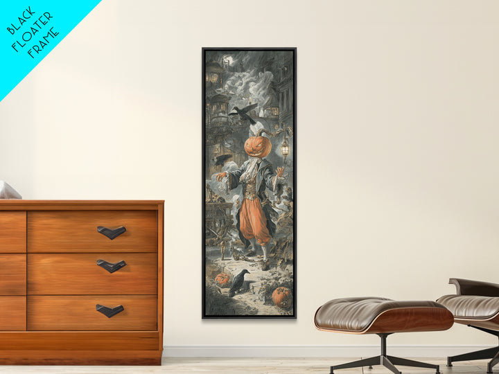 The Pumpkin-Headed Tea Merchant, Architectural Etching Art, Tall Narrow Wall Art, Dark Halloween Decor, Framed Canvas Print