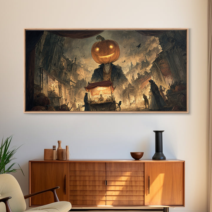 The Pumpkin-Headed Tea Merchant, Apocalyptic Romantic Art, Wide Panoramic Art, Dark Fantasy Wall Art, Framed Canvas Print, Halloween Decor