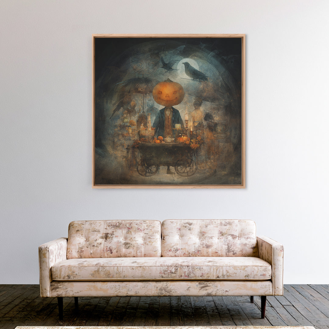 The Pumpkin-Headed Tea Merchant, Symbolist Dream Art, Square Wall Art, Dark Halloween Decor, Framed Canvas Print, Halloween Wall Art