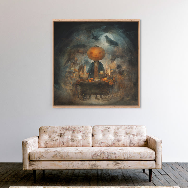 The Pumpkin-Headed Tea Merchant, Symbolist Dream Art, Square Wall Art, Dark Halloween Decor, Framed Canvas Print, Halloween Wall Art