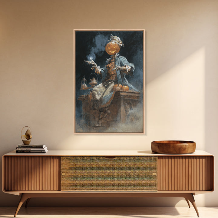 The Pumpkin-Headed Tea Merchant, Decadent Gothic Art, Vertical Wall Art, Dark Fantasy Wall Art, Canvas Print, Halloween Wall Art