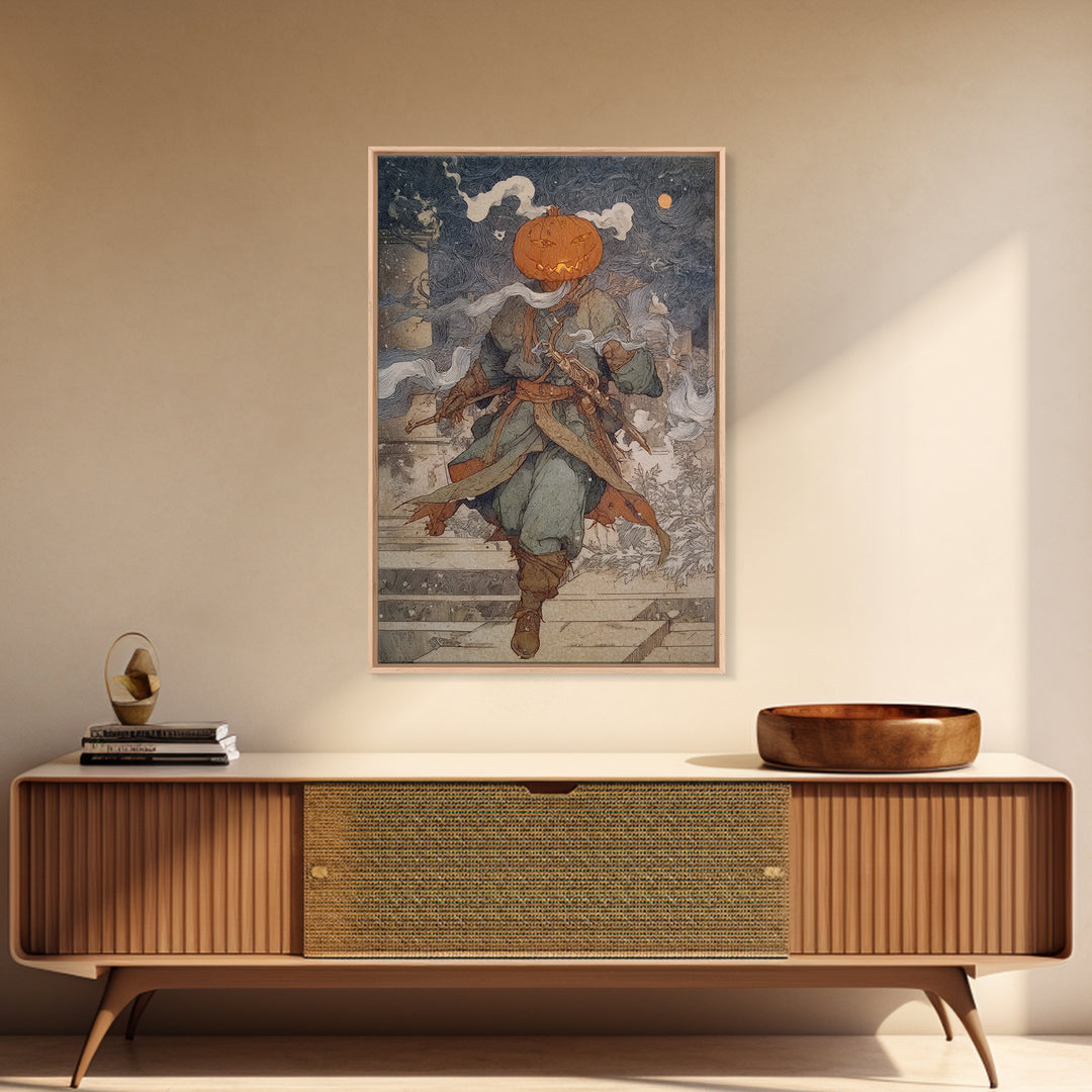 The Pumpkin-Headed Tea Merchant, Symbolist Death Art, Vertical Wall Art, Macabre Wall Art, Canvas Print, Halloween Wall Art