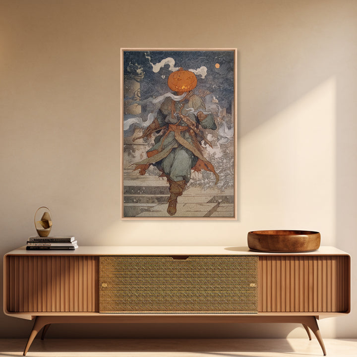 The Pumpkin-Headed Tea Merchant, Symbolist Death Art, Vertical Wall Art, Macabre Wall Art, Canvas Print, Halloween Wall Art