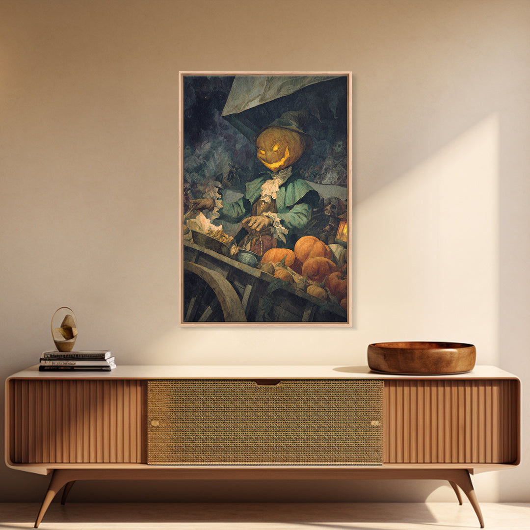 The Pumpkin-Headed Tea Merchant, Dark Symbolist Art, Vertical Wall Art, Dark Halloween Decor, Canvas Print, Halloween Wall Art