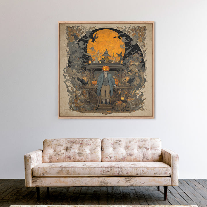 The Pumpkin-Headed Tea Merchant, Symbolist Etching Art, Square Wall Art, Macabre Wall Art, Framed Canvas Print, Halloween Wall Art
