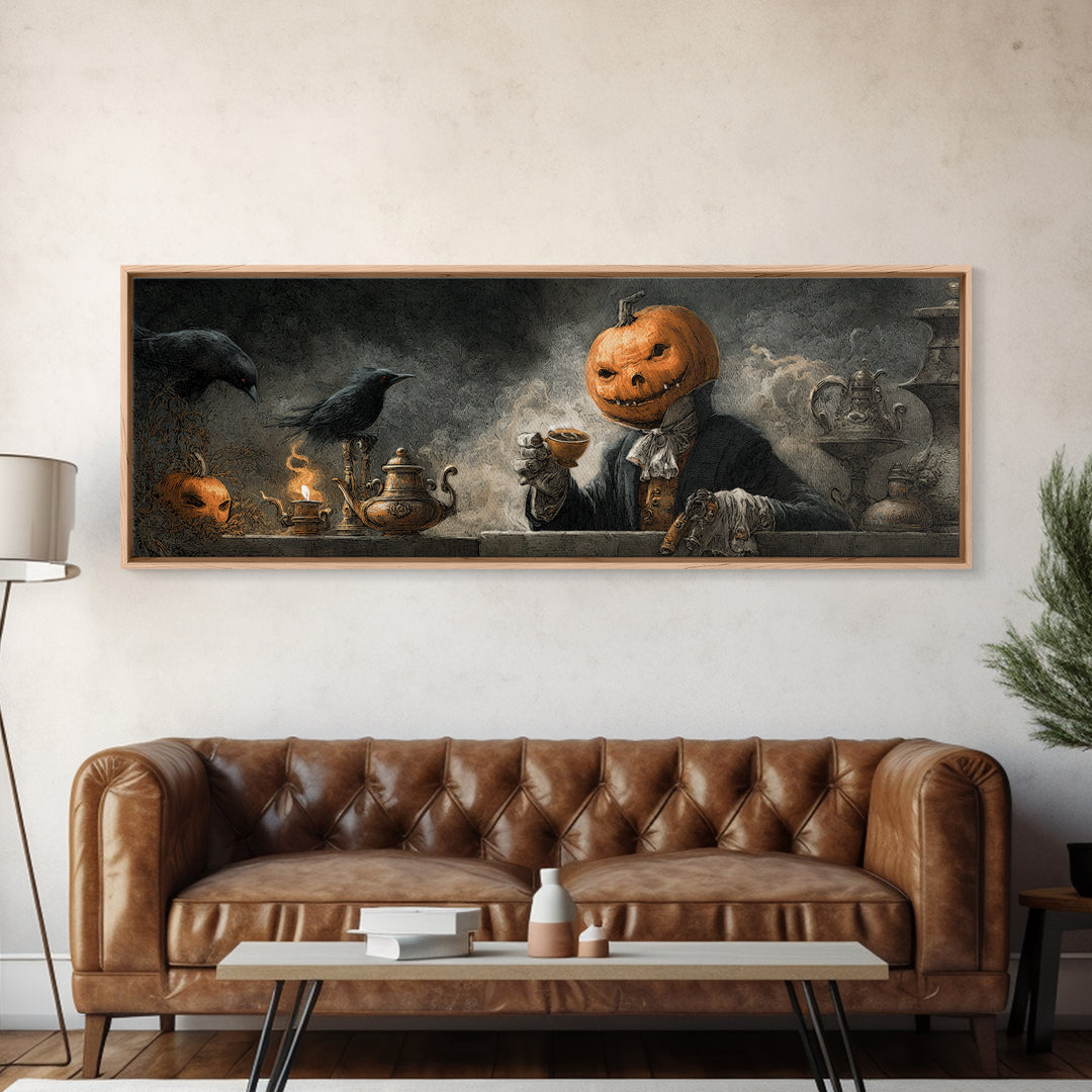 The Pumpkin-Headed Tea Merchant, Expressionist Nightmare Art, Extra Wide Wall Art, Gothic Horror Wall Art, Canvas Print, Halloween Wall Art