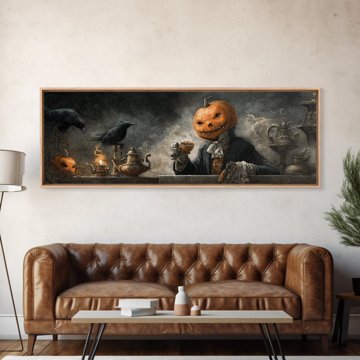 The Pumpkin-Headed Tea Merchant, Expressionist Nightmare Art, Extra Wide Wall Art, Gothic Horror Wall Art, Canvas Print, Halloween Wall Art