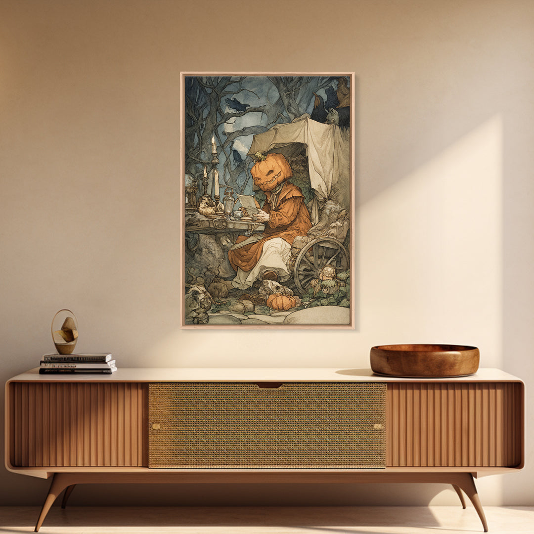 The Pumpkin-Headed Tea Merchant, Gothic Storybook Art, Vertical Wall Art, Dark Fantasy Wall Art, Framed Canvas Print