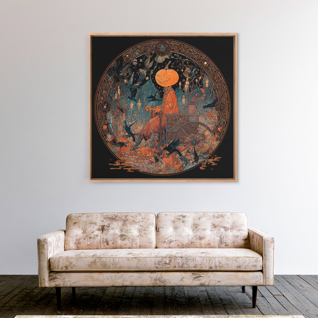 The Pumpkin-Headed Tea Merchant, Stained Glass Gothic Art, Square Wall Art, Macabre Wall Art, Canvas Print, Halloween Wall Art