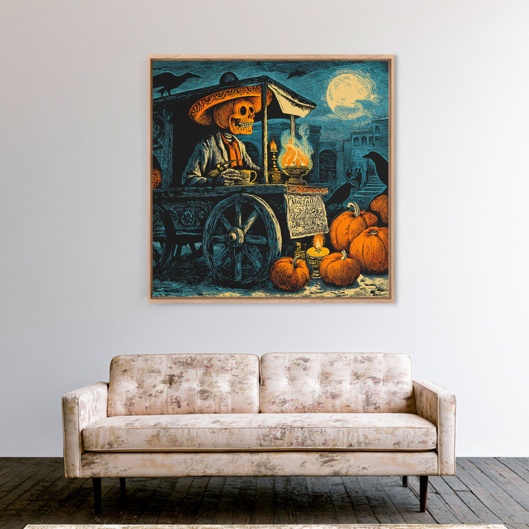 The Pumpkin-Headed Tea Merchant, Macabre Folk Print Art, Square Wall Art, Dark Halloween Decor, Canvas Print, Halloween Wall Art