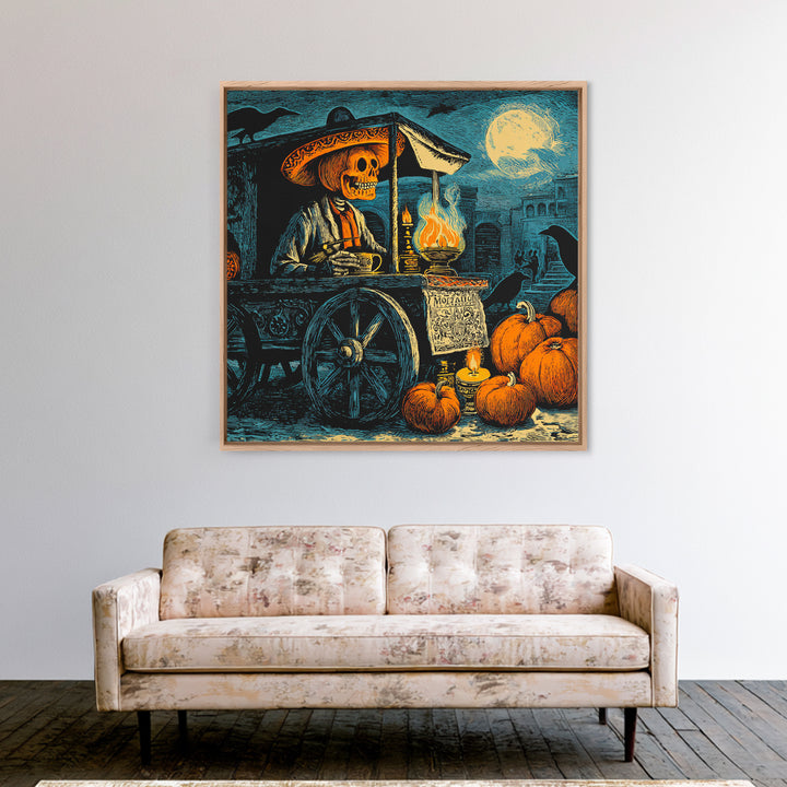 The Pumpkin-Headed Tea Merchant, Macabre Folk Print Art, Square Wall Art, Dark Halloween Decor, Canvas Print, Halloween Wall Art
