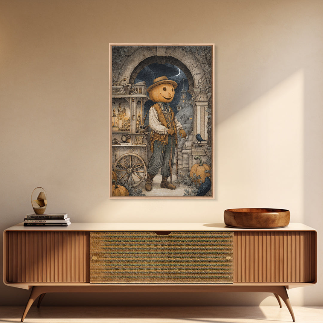 The Pumpkin-Headed Tea Merchant, Victorian Macabre Art, Vertical Wall Art, Macabre Wall Art, Framed Canvas Print, Halloween Wall Art