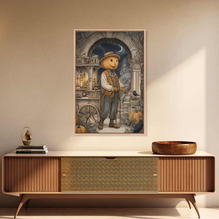 The Pumpkin-Headed Tea Merchant, Victorian Macabre Art, Vertical Wall Art, Macabre Wall Art, Framed Canvas Print, Halloween Wall Art