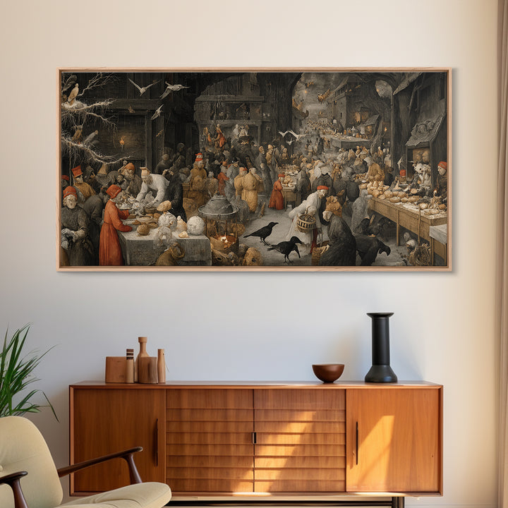 The Ghost Bakery, Northern Renaissance Horror, Wide Panoramic Art, Dark Halloween Decor, Framed Canvas Print, Halloween Wall Art