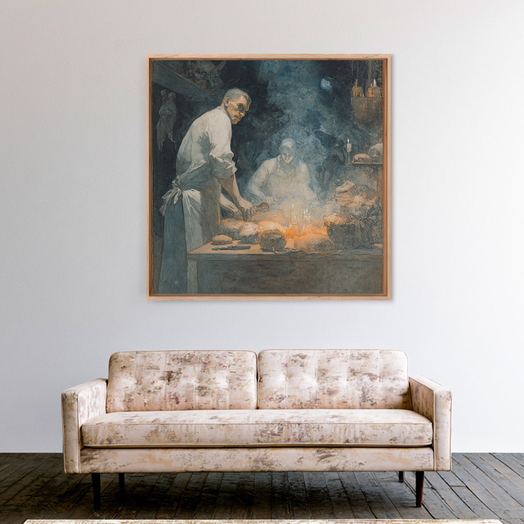 The Ghost Bakery, Symbolist Etching Art, Square Wall Art, Dark Halloween Decor, Framed Canvas Print, Halloween Wall Art