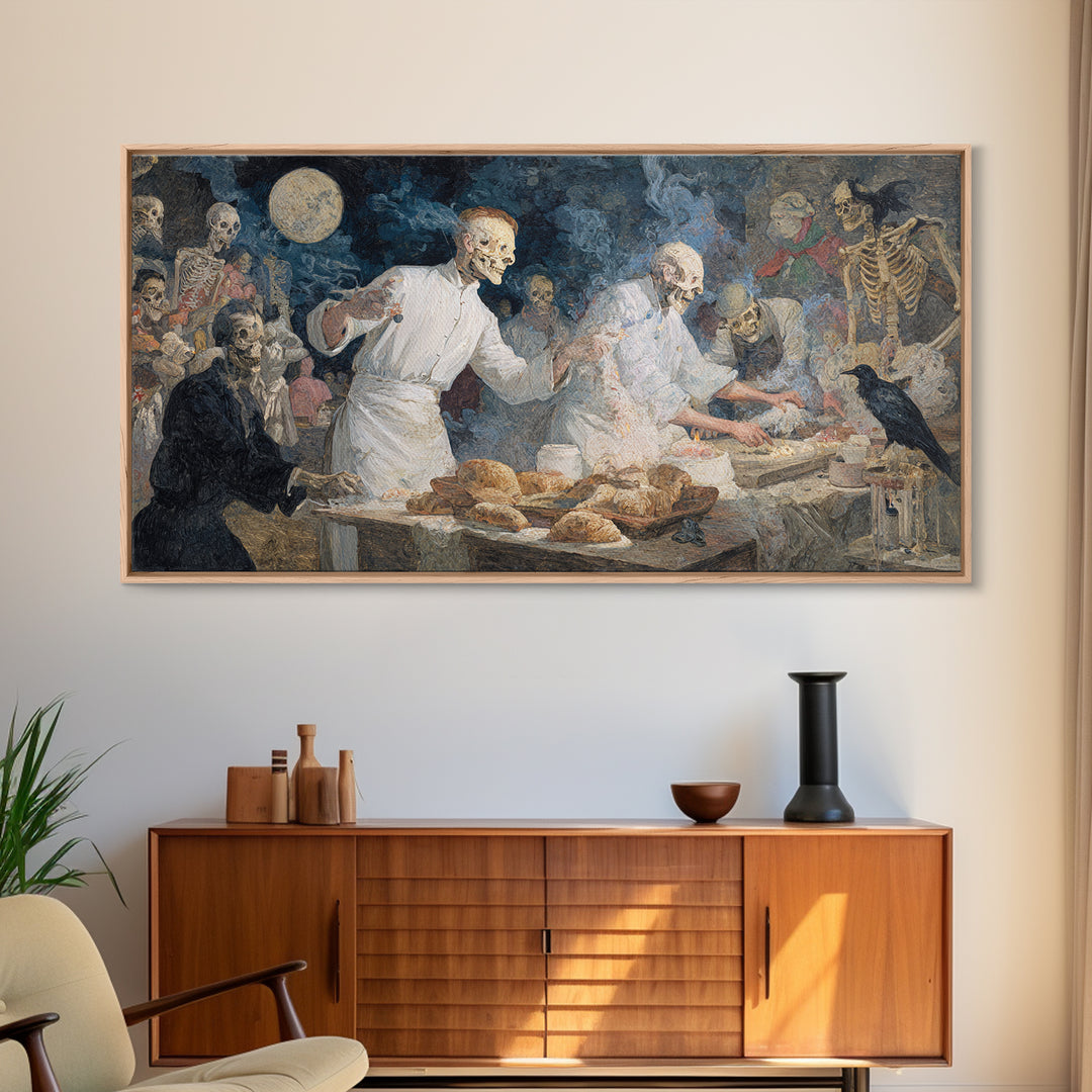 The Ghost Bakery, Grotesque Carnival Art, Wide Panoramic Art, Dark Fantasy Wall Art, Framed Canvas Print, Halloween Wall Art