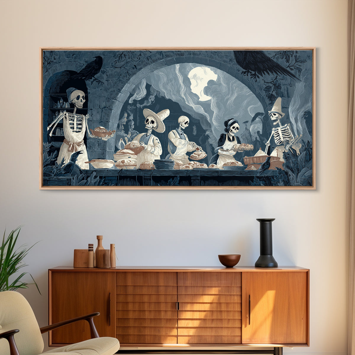 The Ghost Bakery, Macabre Folk Print Art, Wide Panoramic Art, Dark Halloween Decor, Canvas Print, Halloween Wall Art