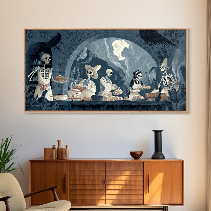 The Ghost Bakery, Macabre Folk Print Art, Wide Panoramic Art, Dark Halloween Decor, Canvas Print, Halloween Wall Art