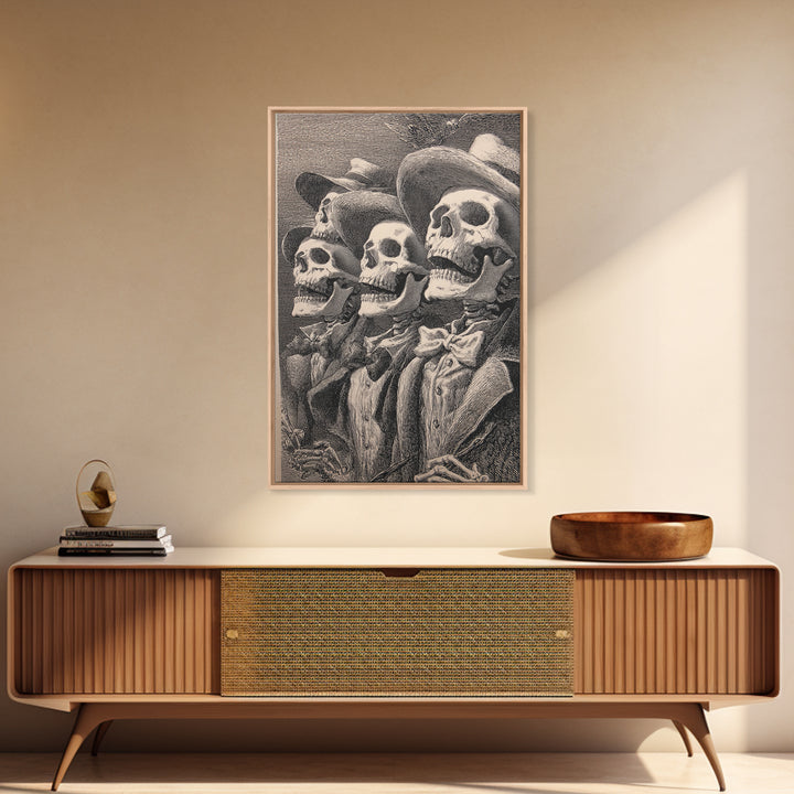 The Skeleton Barbershop Quartet, Renaissance Engraving Art, Vertical Wall Art, Gothic Horror Wall Art, Framed Canvas Print