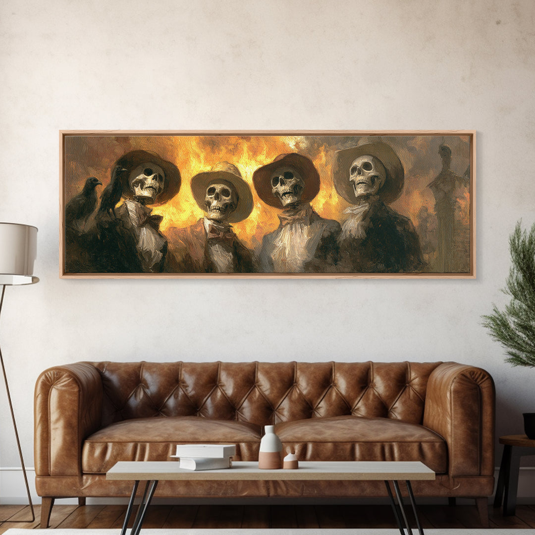 The Skeleton Barbershop Quartet, Apocalyptic Romantic Art, Extra Wide Wall Art, Dark Halloween Decor, Framed Canvas Print