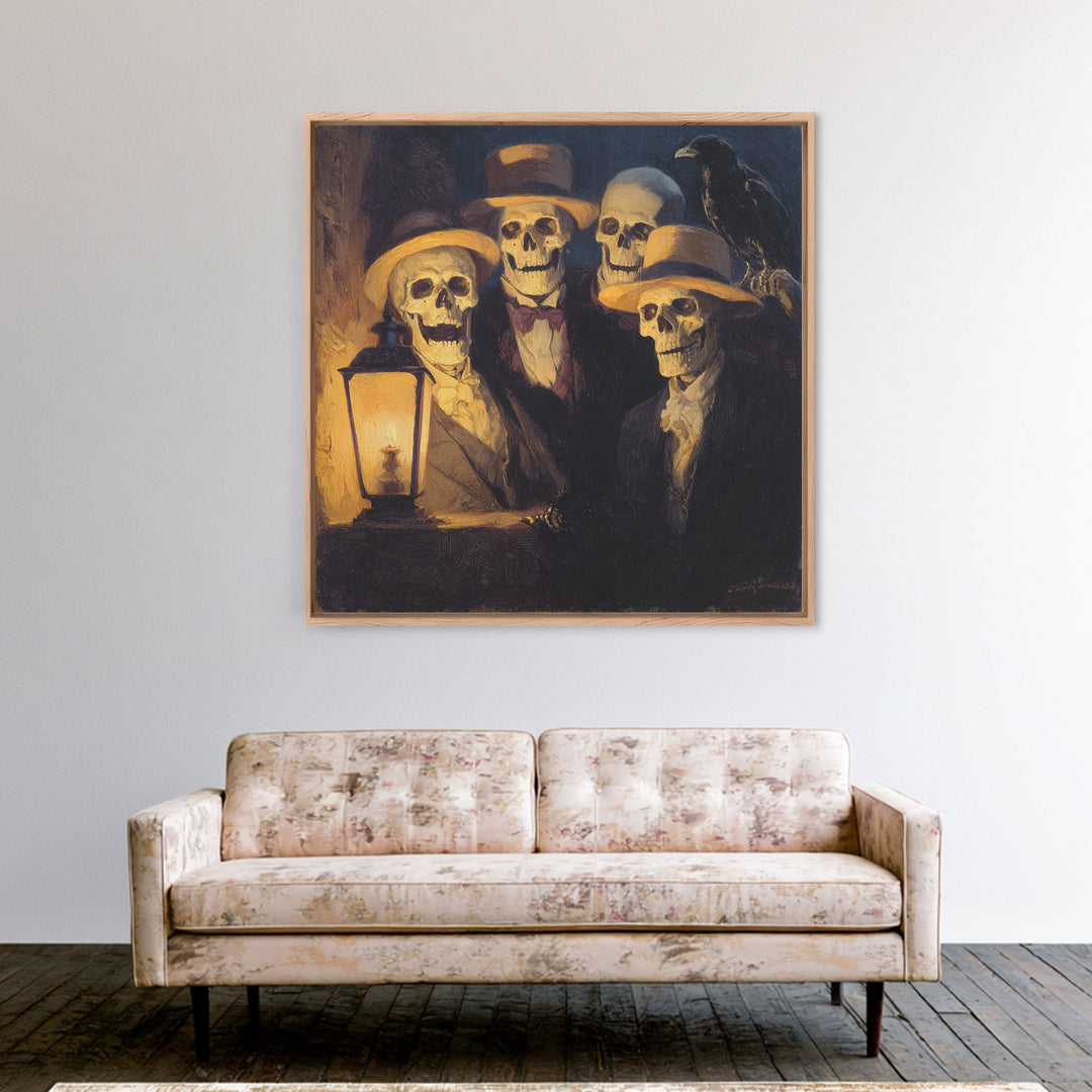 The Skeleton Barbershop Quartet, Dark Symbolist Art, Square Wall Art, Macabre Wall Art, Canvas Print, Halloween Wall Art