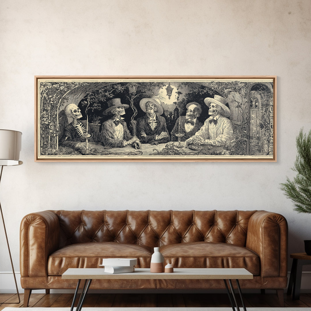 The Skeleton Barbershop Quartet, Symbolist Etching Art, Extra Wide Wall Art, Macabre Wall Art, Canvas Print, Halloween Wall Art