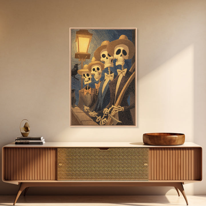 The Skeleton Barbershop Quartet, Expressionist Gothic Art, Vertical Wall Art, Dark Halloween Decor, Framed Canvas Print, Halloween Wall Art