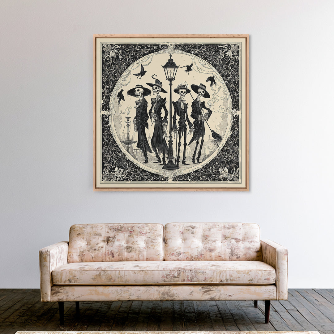 The Skeleton Barbershop Quartet, Decadent Line Art, Square Wall Art, Dark Halloween Decor, Framed Canvas Print