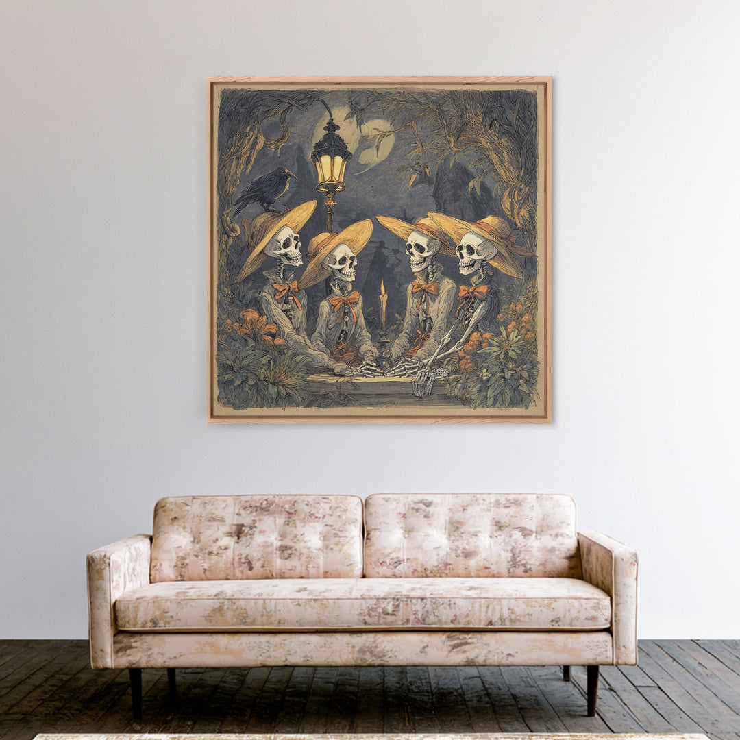 The Skeleton Barbershop Quartet, Gothic Storybook Art, Square Wall Art, Dark Halloween Decor, Framed Canvas Print, Halloween Wall Art
