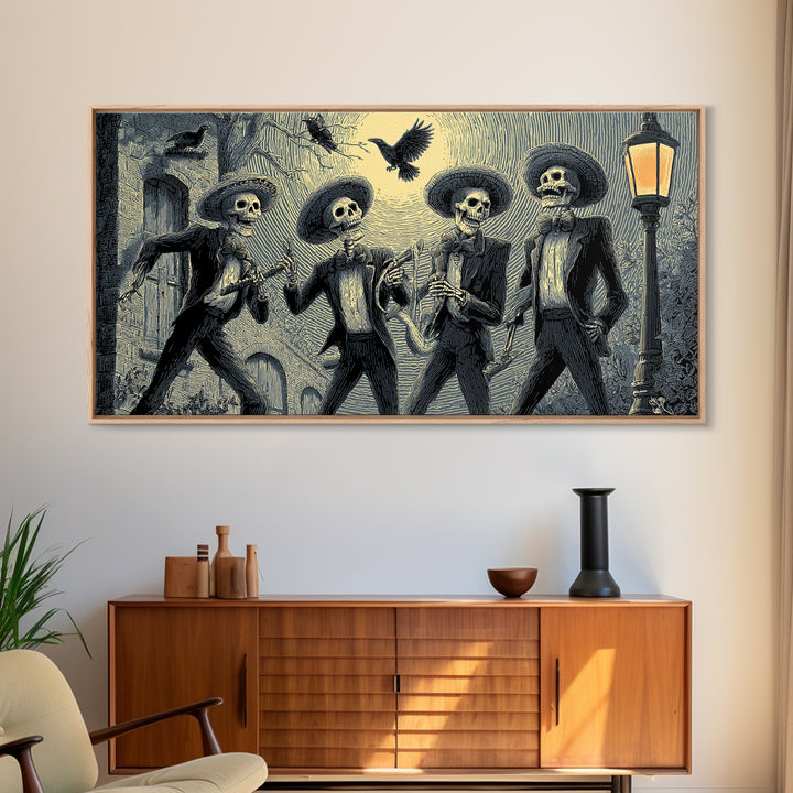 The Skeleton Barbershop Quartet, Macabre Folk Print Art, Wide Panoramic Art, Dark Halloween Decor, Canvas Print