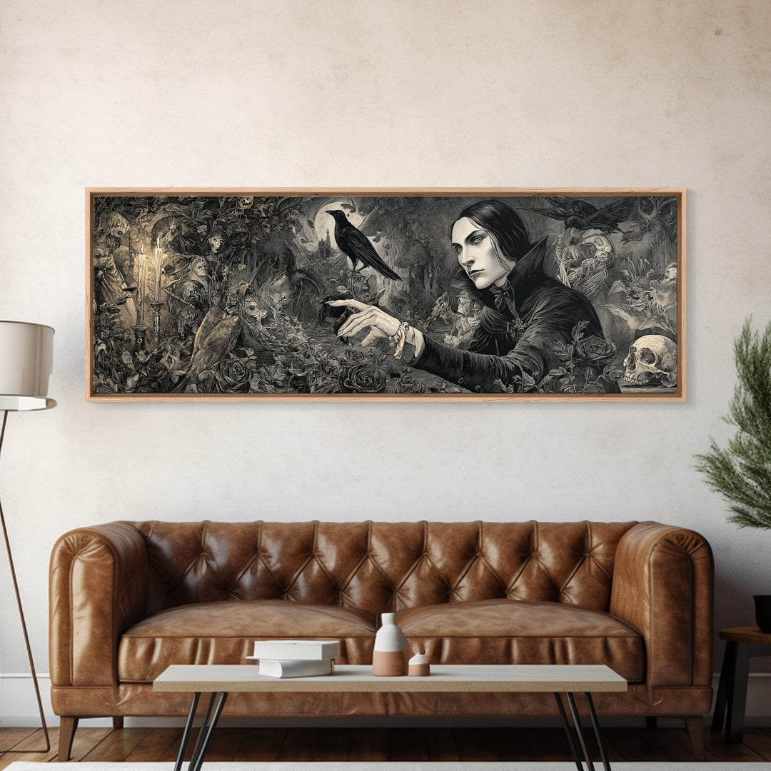 The Vampire Florist, Medieval Grotesque Art, Extra Wide Wall Art, Gothic Horror Wall Art, Framed Canvas Print, Halloween Wall Art