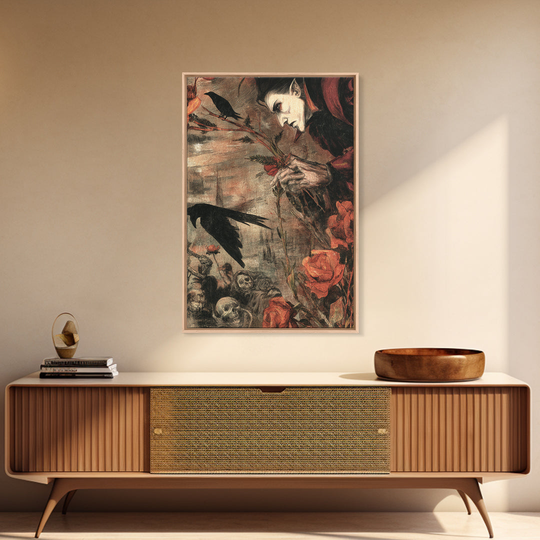 The Vampire Florist, Dark Renaissance Art, Vertical Wall Art, Dark Fantasy Wall Art, Canvas Print, Halloween Wall Art